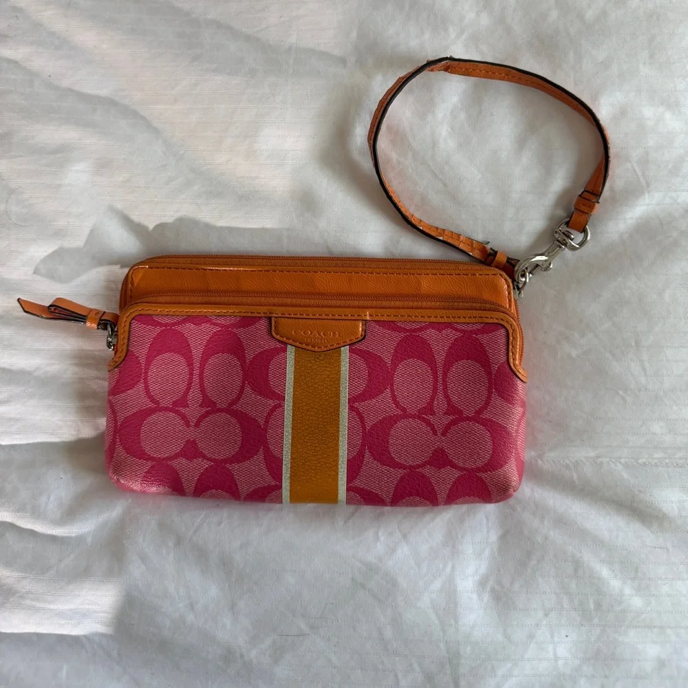 Coach Signature Stripe Double Zip Wristlet | Orange and Pink - Picture 2 of 15